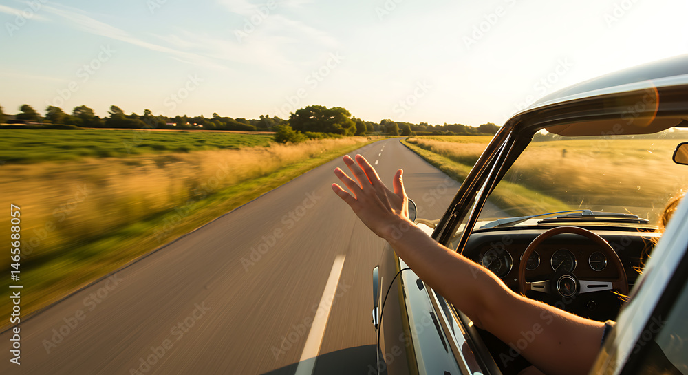 Open Road Adventure: A spirited traveler stretches an arm out of a classic car on an open road, embodying the freedom and joy of a scenic drive, bathed in the golden sunlight. Open Road Adventure: A spirited traveler stretches an arm out of a classic car on an open road, embodying the freedom and joy of a scenic drive, bathed in the golden sunlight.