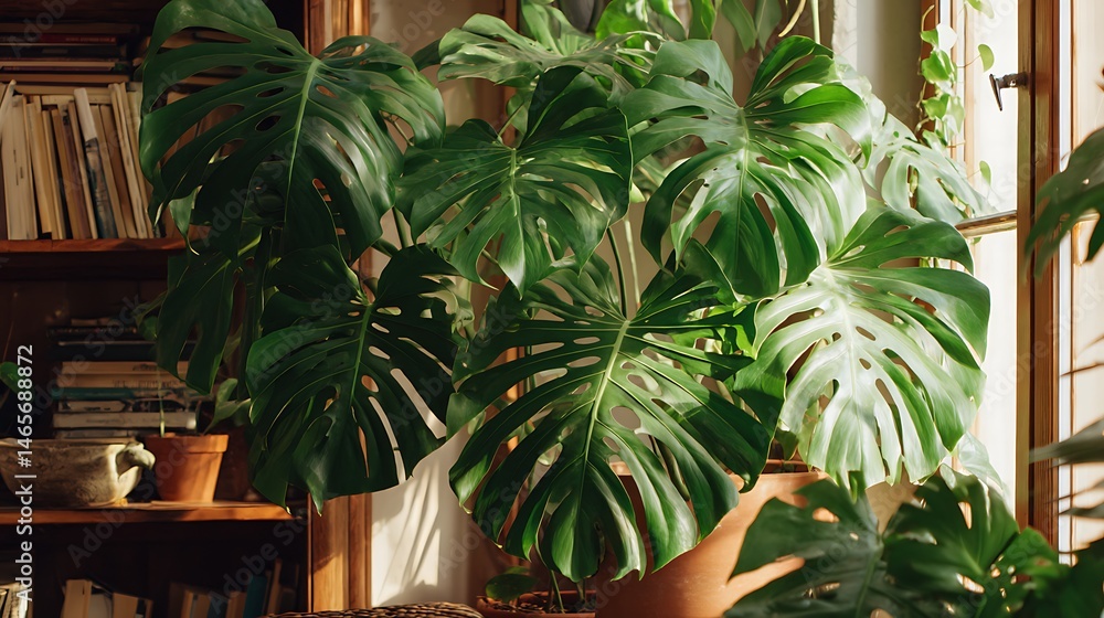 Obraz premium 窓辺に飾られたモンステラの観葉植物