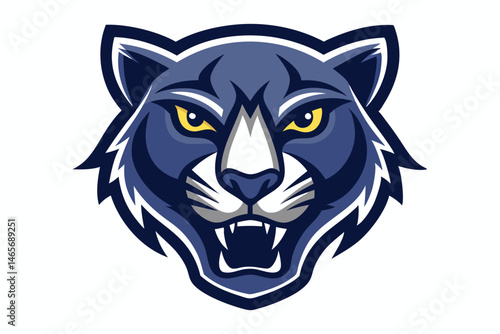 An illustrated intense dark blue cougar roars while its sharp teeth and yellow eyes glare