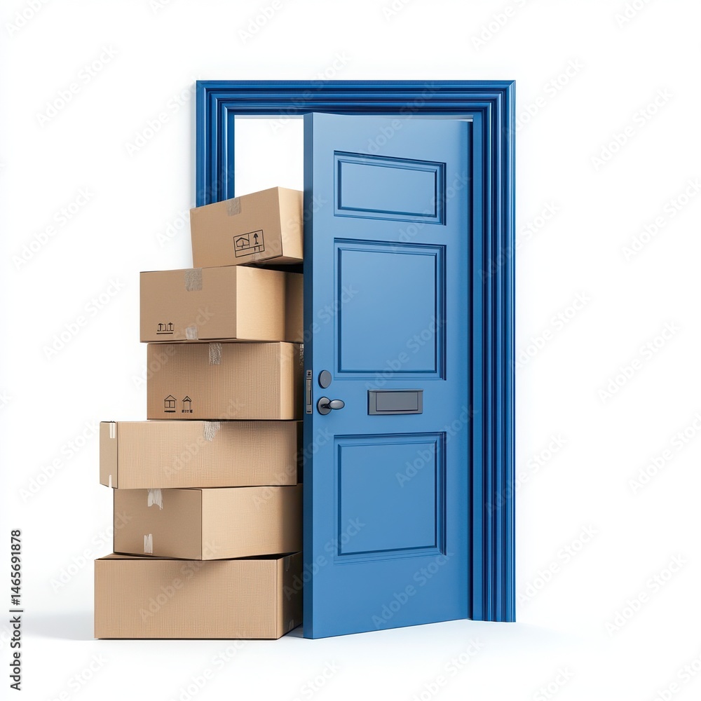 Boxes stacked by blue door on white background Boxes stacked by blue door on white background