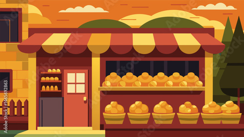 A cozy bakery in a small Peruvian town the shelves lined with trays of perfectly golden mazamorra morada tempting locals and visitors alike.. Vector illustration