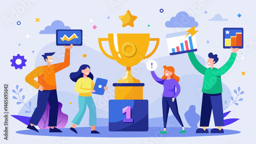 A competition where individuals battle it out to collect the most valuable data with the winner being awarded a virtual trophy made of data symbols.. Vector illustration