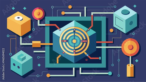 A complex maze of code weaves itself around a digital vault highlighting the intricate measures taken to safeguard sensitive information.. Vector illustration
