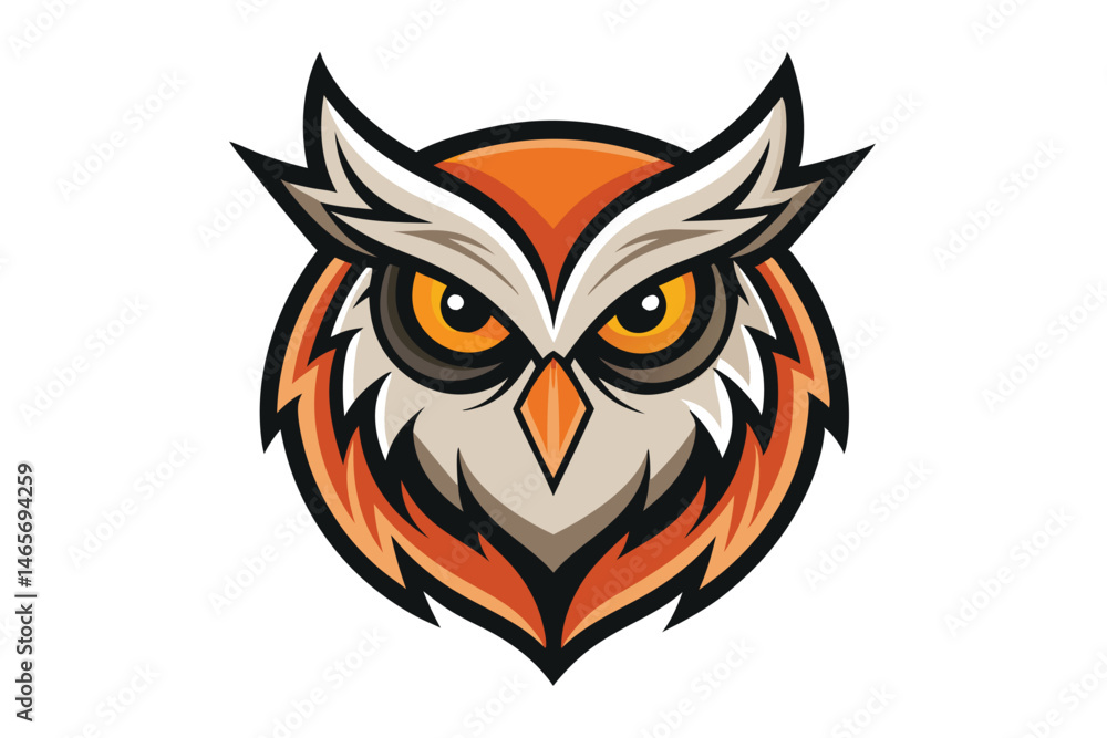 Orange owl head is drawn with a sharp gaze and distinct plumage Orange owl head is drawn with a sharp gaze and distinct plumage