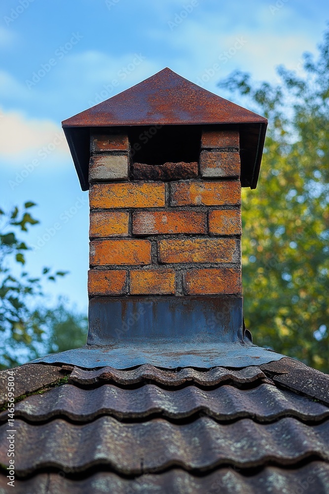 Naklejka premium Old brick chimney with a rusty metal cap on a tiled roof against a clear blue sky and green trees background