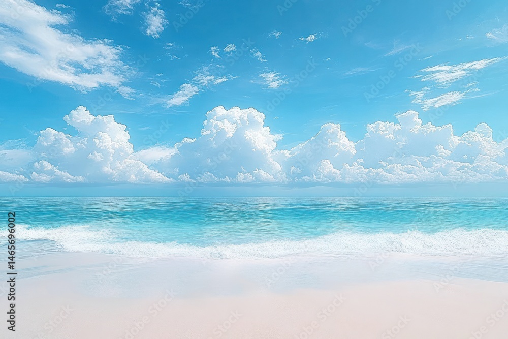 Obraz premium Serene beach with soft white sand, gentle waves lapping shore under a vibrant blue sky filled with fluffy white clouds