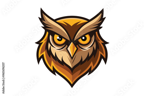 Brown owl head features intense yellow eyes and a sharp beak on a white surface