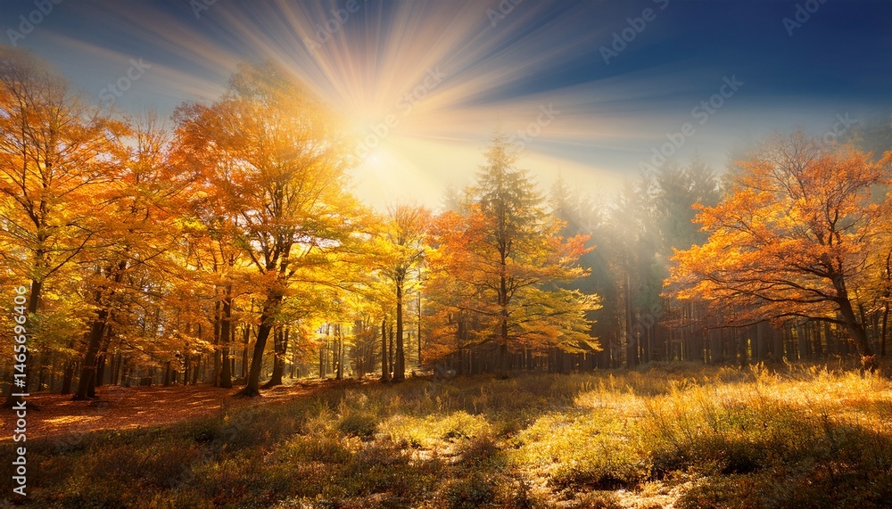 Fototapeta premium beautiful autumn landscape with yellow autumn trees and sun colorful foliage in the forest natural background