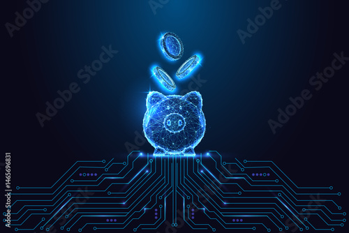 Smart savings and digital banking concept with glowing piggy bank and circuit board, vector