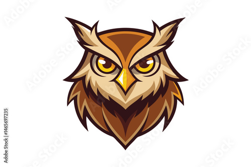 Colorful cartoon owl stares intensely forward with bright yellow eyes and brown feathers