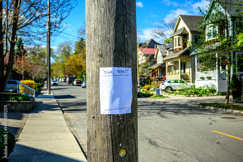 Blank for rent handbill stapled to a wooden utility pole  out of focus street scene in background room for text