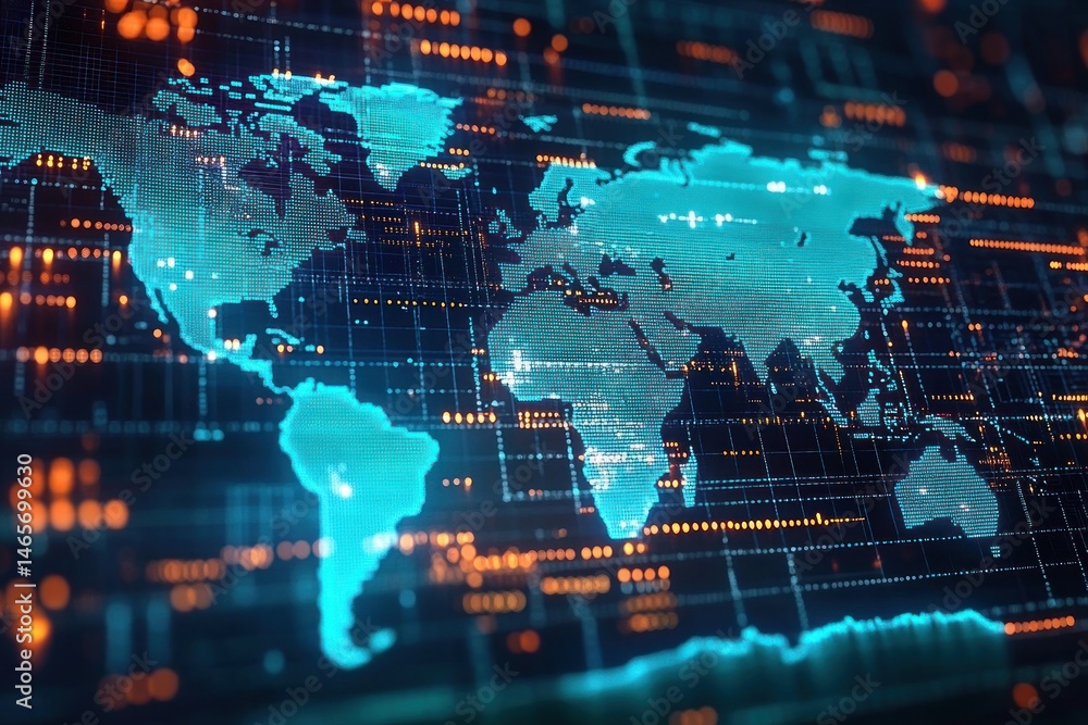 Digital blue world map with orange and blue data points and grid lines representing global digital connectivity and data exchange Digital blue world map with orange and blue data points and grid lines representing global digital connectivity and data exchange