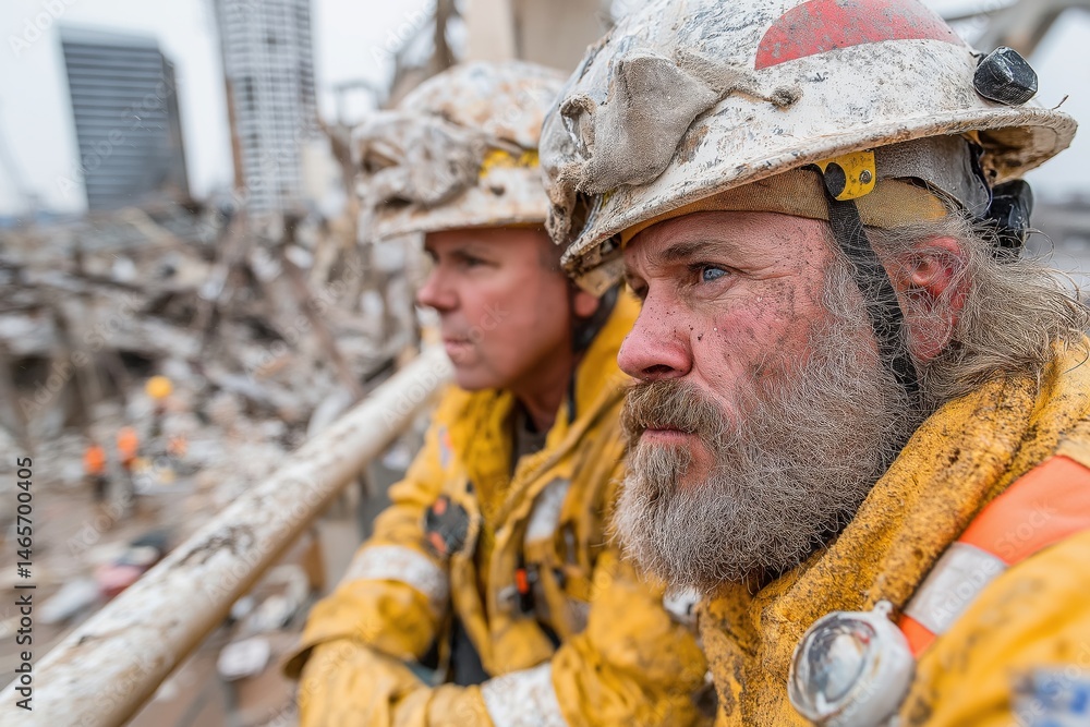 Two construction workers in yellow safety gear, observing a demolition site, showcasing determination and teamwork amidst a challenging urban environment filled with debris Two construction workers in yellow safety gear, observing a demolition site, showcasing determination and teamwork amidst a challenging urban environment filled with debris