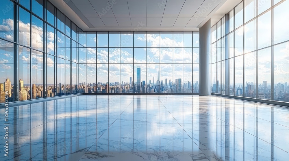 Spacious empty modern room with floor-to-ceiling windows overlooking a city skyline under a bright blue sky with scattered clouds