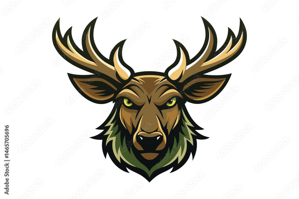 Fototapeta premium Antlered deer mascot head intensely stares with bright yellow eyes on a white backdrop