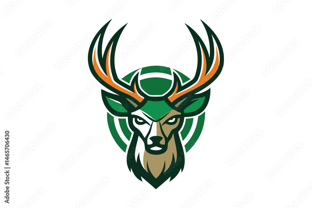 Striking deer mascot with sharp antlers and fierce expression is featured prominently in green circle