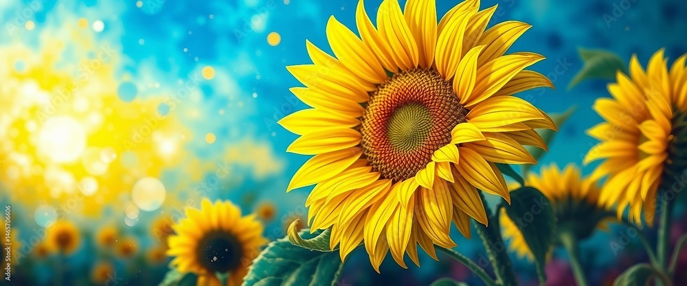 Fototapeta premium Sonnenblumen vor märchenhaftem, farbenfrohem Aquarellhintergrund. Perfekt für Poster, Karten oder digitale Kunstprojekte im Fairycore- oder Boho-Stil.