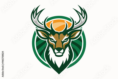 Deer head mascot with green stripes and an orange circle creates dynamic emblem