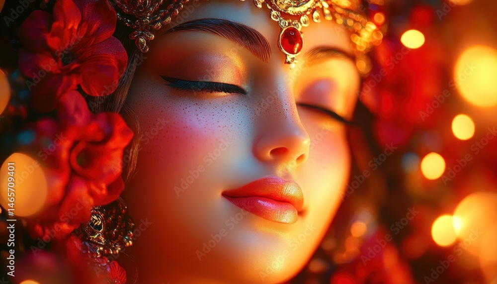 Close-up of a serene woman with closed eyes adorned with red flowers and intricate golden jewelry, glowing warmly with soft lighting and gentle expression Close-up of a serene woman with closed eyes adorned with red flowers and intricate golden jewelry, glowing warmly with soft lighting and gentle expression