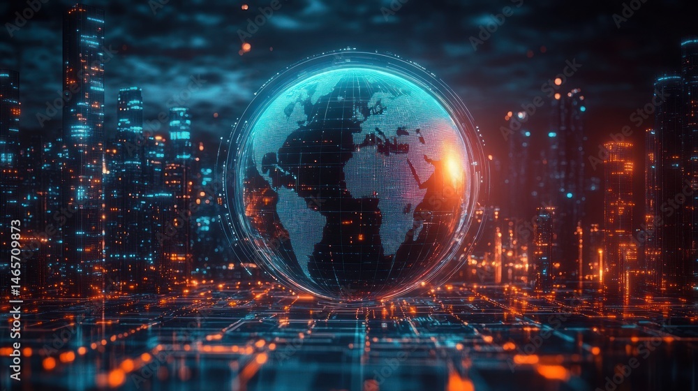 Fototapeta premium Digital globe with world map projection hovering above a futuristic cityscape illuminated by blue and orange neon lights symbolizing global technology and connectivity