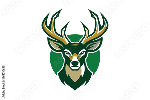 Majestic deer emblem with stylized antlers and a green backdrop is visually stunning