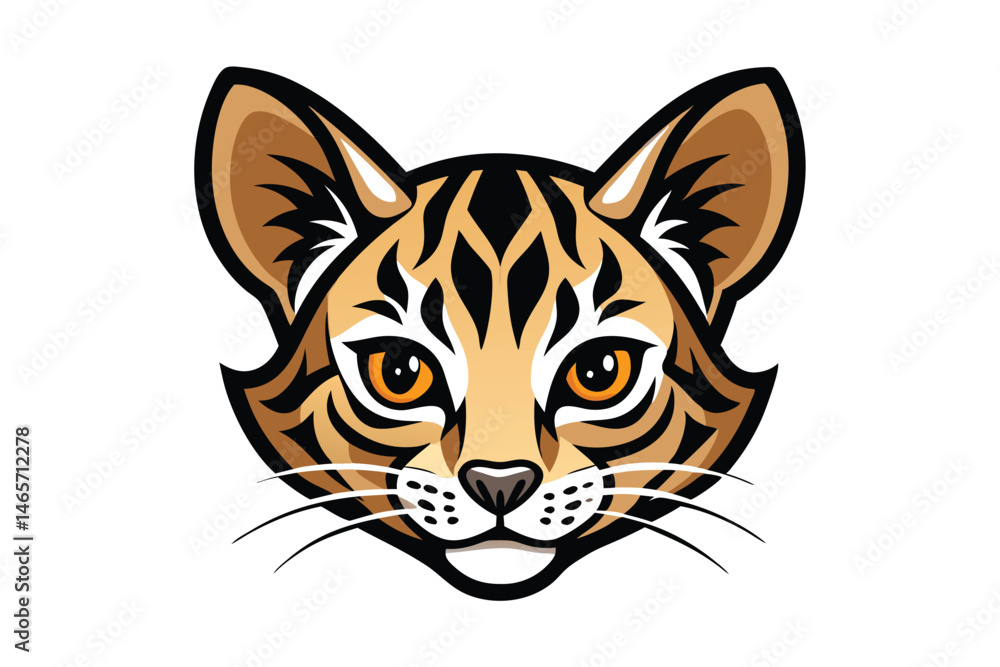 Obraz premium Striking serval head displays vivid orange eyes and bold black markings in format
