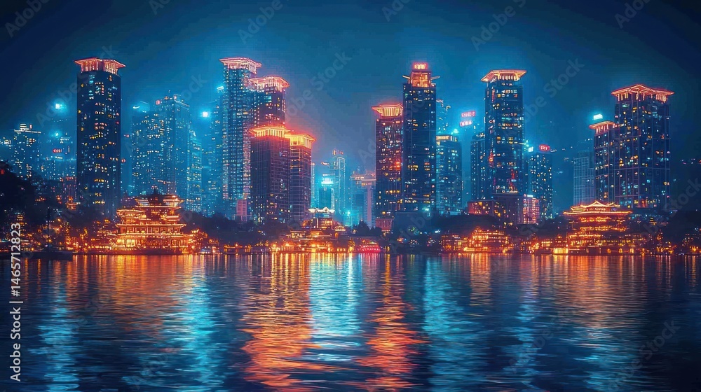 Fototapeta premium City Skyline Reflected in Water at Night with Glowing Lights
