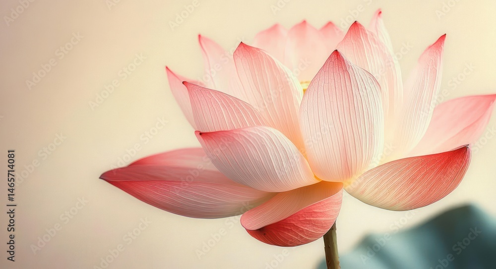 Close-up of a delicate pink and white lotus flower with softly illuminated translucent petals against a smooth neutral background, evoking tranquility and purity Close-up of a delicate pink and white lotus flower with softly illuminated translucent petals against a smooth neutral background, evoking tranquility and purity