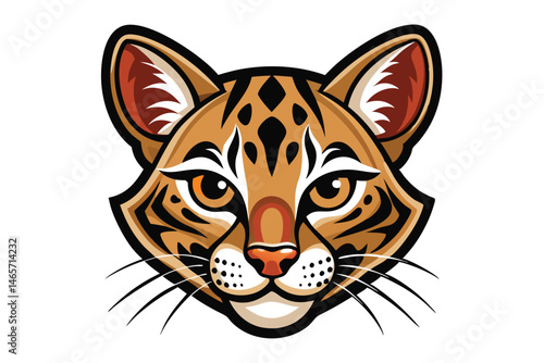 Cartoon ocelot face showcases bold stripes, black spots, and piercing orange eyes beautifully