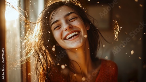Happy Young Woman Carefree At Home, free and spontaneous