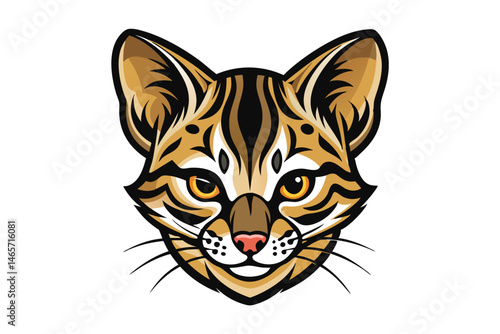 An ocelot's distinctive facial features showcase striking stripes and captivating golden eyes