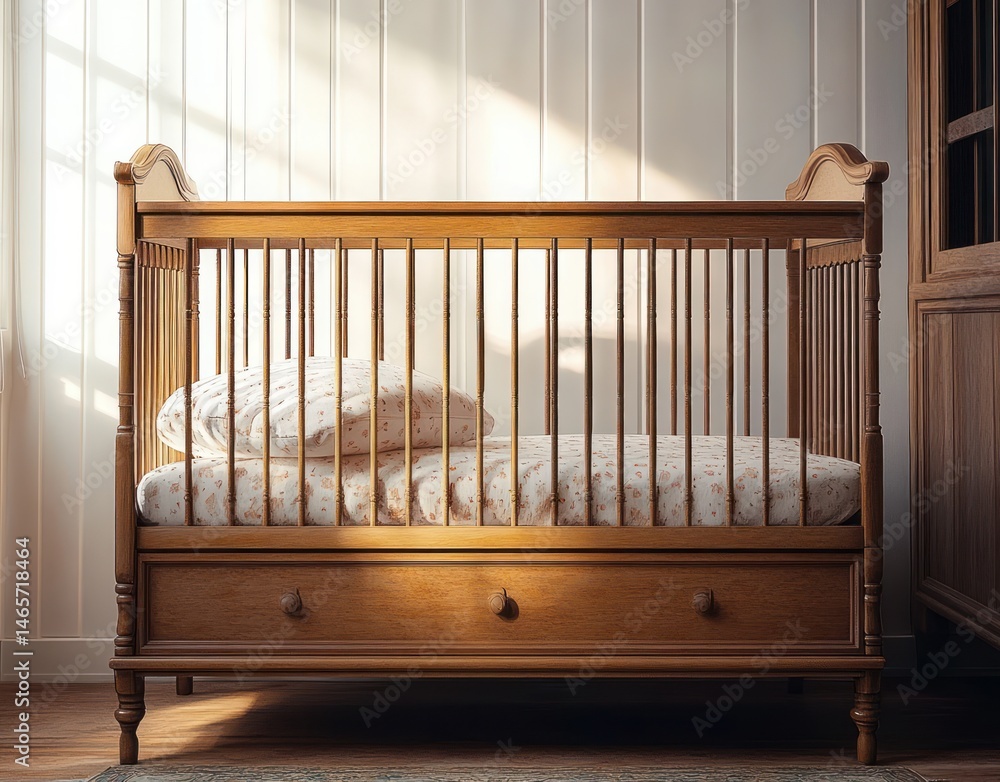 Empty wooden baby crib with patterned mattress and pillow in softly lit nursery room with white paneled wall and wooden furniture Empty wooden baby crib with patterned mattress and pillow in softly lit nursery room with white paneled wall and wooden furniture