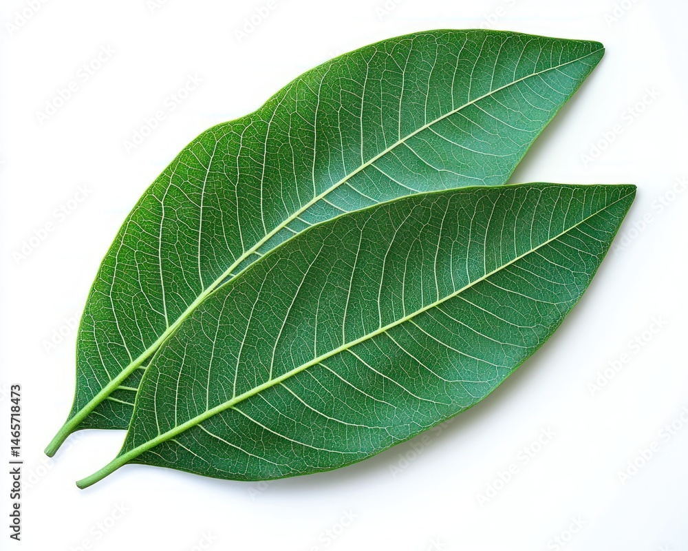 Obraz premium Two vibrant green leaves with detailed veins on a white background creating a fresh and natural feeling