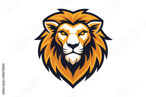 Regal lion head features golden mane and piercing yellow eyes on a white backdrop