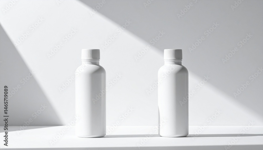 Clean Minimalist Product Mockup Two White Bottles in Sunlight Clean Minimalist Product Mockup Two White Bottles in Sunlight