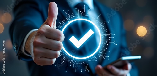 Thumbs Up Confirmation: A sharply dressed individual, exuding confidence, extends a hand in a gesture of approval. The central focus is a glowing, digital checkmark.