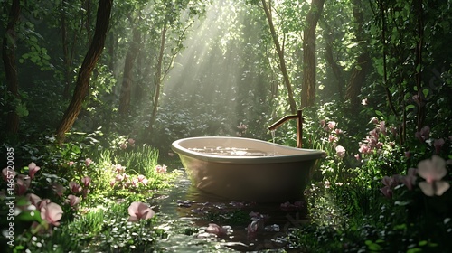 森の奥深く、光に包まれる神秘的な白いバスタブ