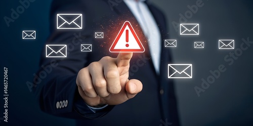 Email Alert: A hand in a business suit touches a warning symbol surrounded by numerous email icons.  The image evokes a sense of urgency and caution.  The digital.