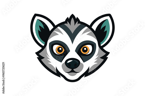 Cartoon lemur face with expressive orange eyes and outlined in black looks forward