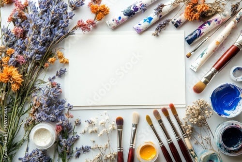 Top view of artistic desk with various painting supplies around blank sheet
