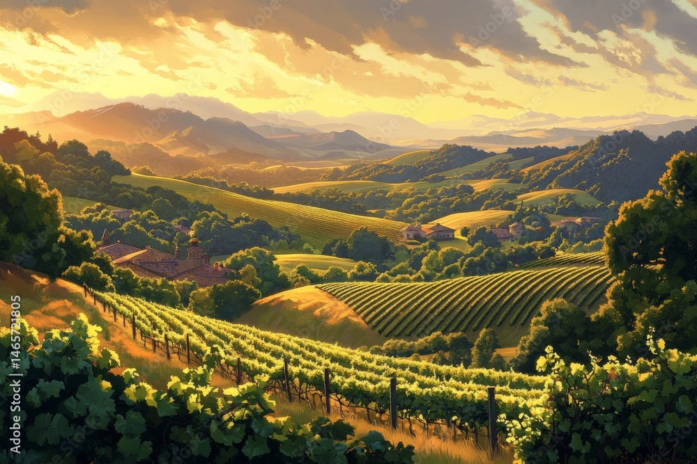 Fototapeta premium Peaceful valley landscape with soft hills trees and morning sunlight