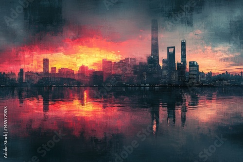 Industrial skyline at sunrise with factory chimneys emitting smoke reflecting on water