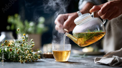 Pouring hot herbal tea into glass cup
