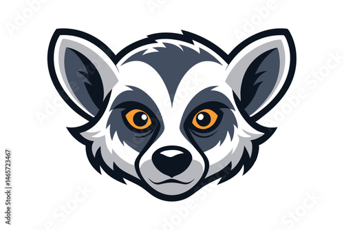 Cute cartoon raccoon head with striking orange eyes looks directly at viewer in vector