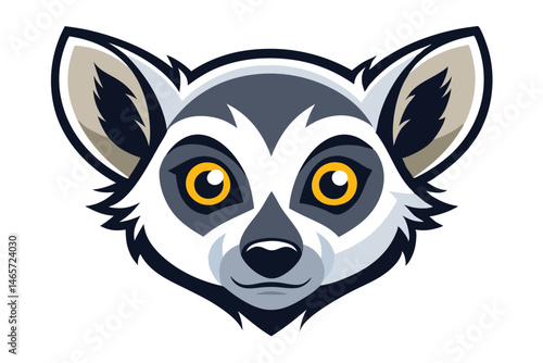 A lemur head gazes forward, sporting bright yellow eyes and distinct facial markings