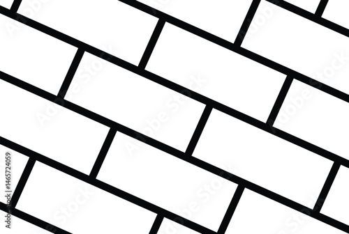 Diagonal white rectangular tiles with black outlines form a seamless repeating pattern. Minimalist, geometric abstract design in monochrome. Neutral, versatile background for digital or print projects