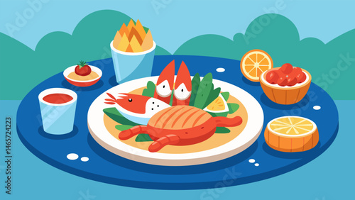 A seatotable experience with a mix of Chilean seafood expertly arranged for your indulgence.. Vector illustration