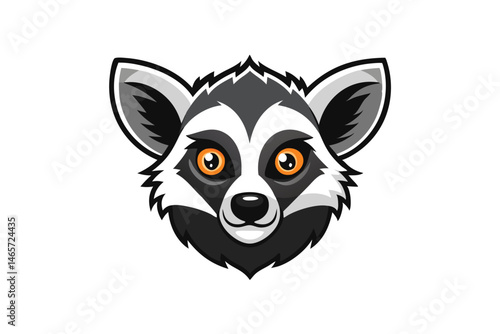 Bold raccoon head with striking orange eyes gazes forward intensely on a white backdrop