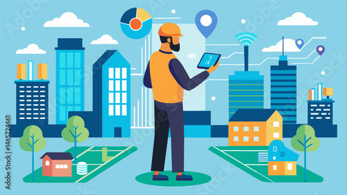 A city planner using augmented reality to map out infrastructure and utilities allowing for more efficient and effective data management in urban development.. Vector illustration