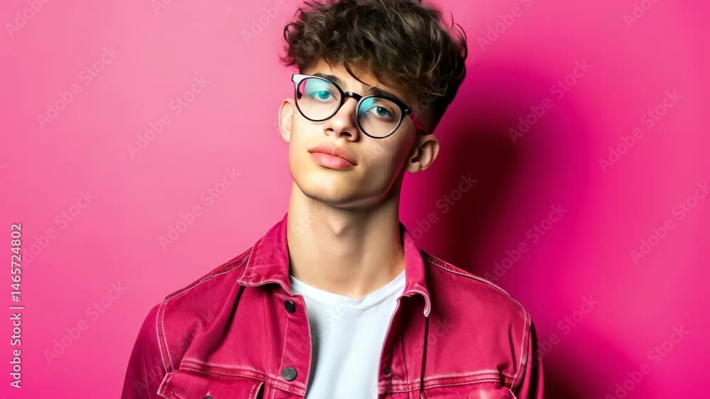 Youthful Charm and Confidence: A confident young man, with stylish glasses, sporting a casual outfit, stands confidently against a vibrant pink backdrop. The image embodies youthful confidence. Youthful Charm and Confidence: A confident young man, with stylish glasses, sporting a casual outfit, stands confidently against a vibrant pink backdrop. The image embodies youthful confidence.